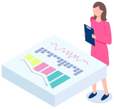 Kadın grafikler üzerinde çalışıyor. Pankarttaki veri analizi. Elinde dosya olan kız istatistiksel diyagrama bakıyor. Kadın karakter bilgiyle çalışıyor. Sunum tahtasında istatistiksel göstergeler
