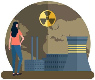 Kız, radyoaktif emisyonlar tarafından yok edilen gezegene bakıyor. Enerji üretim fabrikası havayı kirletiyor. Güç üretimi için fabrika binası. Çevreye ve atmosfere radyasyon salınımı