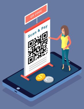 İş kadını QR kodunu cep telefonu tarama cihazı izometrik vektörü, gelecekteki tanıma teknolojisi, bilgi veri barkodu ile tarıyor. QR kod doğrulaması. Satın alma için parasız çevrimiçi ödemeler