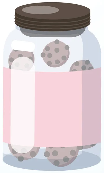 玻璃瓶与密封木盖和粉红色标签 厨房环保容器隔离在白色背景 里面有一罐巧克力饼干 装饼干的容器放在厨房里 — 图库矢量图片