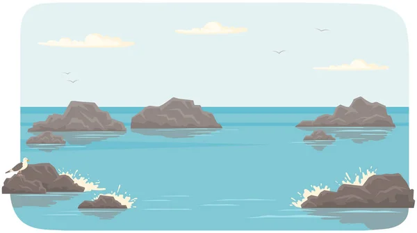 海岸に塩辛い水と風景 波が岩やスプレー散乱ヒット 石で海の水の表面 海の風景ベクトル図 新鮮な空気の概念で海と娯楽で休暇 — ストックベクタ
