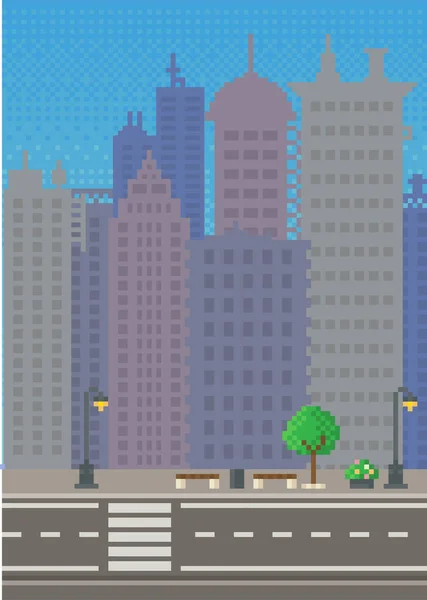空の都市ベクトル図 高層ビルのシルエットと街のダウンタウンの風景 モバイルアプリ コンピュータゲームのためのデザイン 空を背景にした高層マンション 近代的な町建築 — ストックベクタ