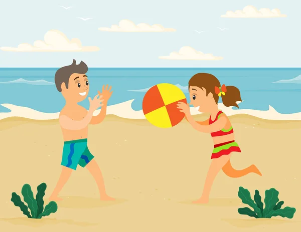 Děti Házejí Míček Pláži Kluk Holkou Hrající Volejbal Oceánu Cartoon — Stockový vektor