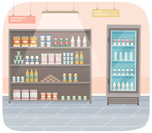 Προθήκη Ψώνια Στο Μαγαζί Ψυγείο Για Ψύξη Γαλακτοκομικών Προϊόντων Διαφορετικά — Διανυσματικό Αρχείο