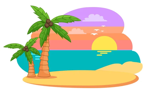 Palmy Kokosem Ostrově Proti Moři Šeříková Obloha Vektorovou Ilustrací Mraků — Stockový vektor