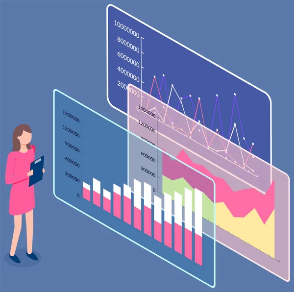 商业分析师 专业女商人分析数据列报方面的增长率 市场营销研究的概念 女性角色解释图表 展示投资规划 — 图库矢量图片