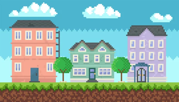 緑の空間と植物に囲まれた家 ピクセルゲームのための多くのウィンドウを持つアパートの建物 パノラマ建築 モバイルアプリのレイアウト コンピュータピクセル化ゲーム 旧建築 — ストックベクタ