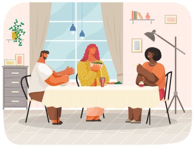 Friends are sitting in cafe or restaurant at table eating cakes and drinking coffee. Cheerful company of people in kitchen at home having fun, talking, communicating. Good friends resting after work