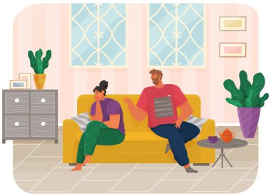 Kanepede oturan genç bir çift evde kavga ediyor. Erkek ve kadının kötü bir ilişkisi var. Tartışma, azarlama, tartışma kavgası. Karı koca ayrılır. Aile içi anlaşmazlıklar. Evlilik krizi