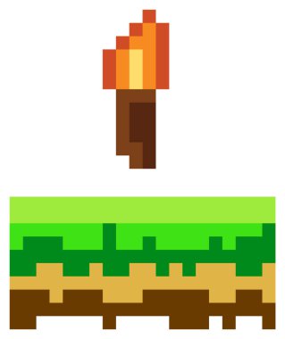 Vektör piksel feneri. Piksel sanat tarzı 8-bit. Beyaz zemin üzerinde ateş olan pikselli nesne tasviri. Bilgisayar piksel oyununda kullanılacak çizgi film flambeau. Minimalist piksel grafik yakma tesisi