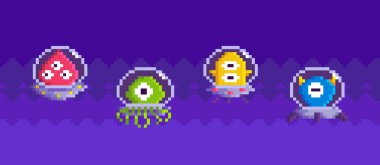 Şeffaf fincan tabakları içinde gökyüzünde uçan pikselleştirilmiş uzaylılar. Koyu mavi arka planda canavarlar. Uzay pikseli oyun arayüzü tasarım düzeni. Uzay giysilerindeki piksel karakterler. Oyun unsurları olarak renkli UFO