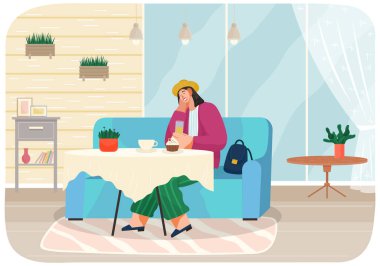 Masada oturan genç bir kadın kek yiyor kafeteryada kahve içiyor. Restoranda tatlı tatlı ve meyve suyuyla yemek yiyen kadın karakter. Kafede cep telefonuyla konuşan şık bir kız.