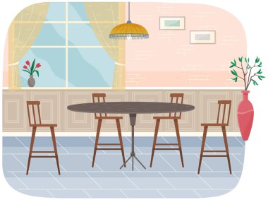 Yemek pişirme cihazlarıyla modern mutfak. Mutfağın karikatür düz tasarımı. Yemek ve yemek pişirme odasındaki mobilyaların planlanması ve düzenlenmesi. Ahşap yemek masası ve taş duvarın yanındaki sandalyeler.