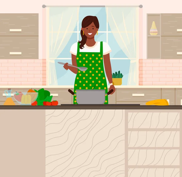 Młoda Kobieta Gotuje Sałatkę Kuchni Działalność Gospodarcza Sprzątanie Codzienne Obowiązki — Wektor stockowy