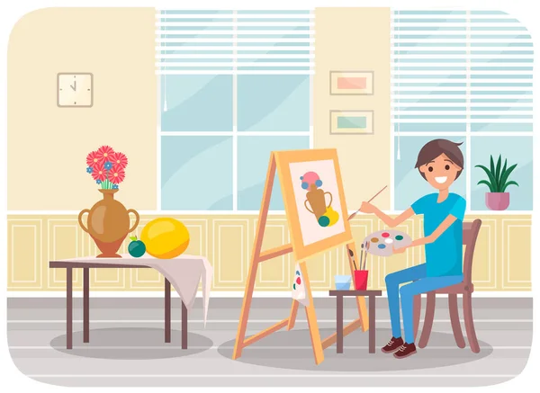 Homme Dessine Avec Pinceau Palette Dans Ses Mains Personne Fait — Image vectorielle