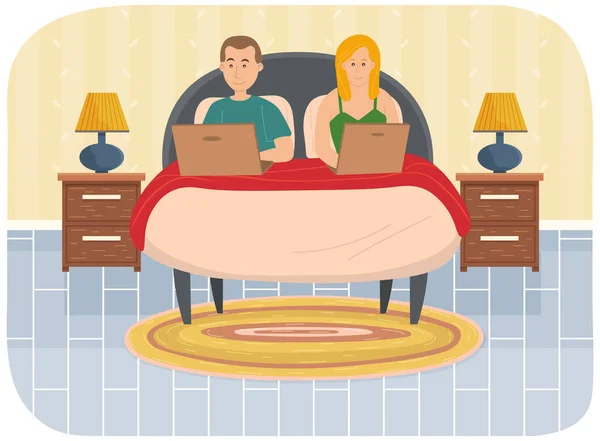Een Paar Man Vrouw Bed Laptops Vasthoudend Ontspannen Thuis Concept — Stockvector