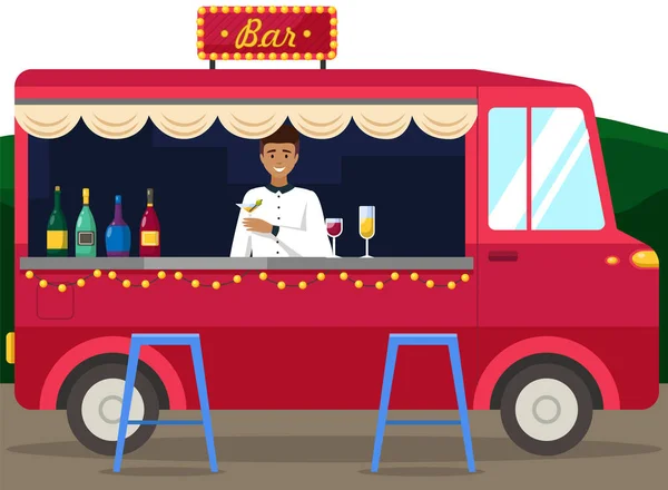 Caminhão Com Barman Fazendo Bebida Alcoólica Carrinha Comida Rua Loja — Vetor de Stock