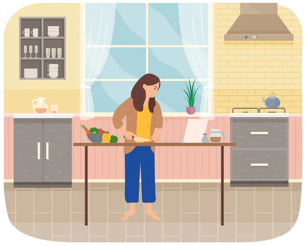 Mujer Joven Cocinando Ensalada Cocina Actividad Doméstica Limpieza Tareas Cotidianas — Vector de stock