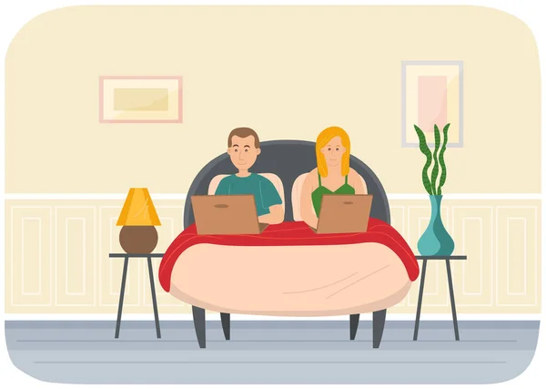 Een Paar Man Vrouw Bed Laptops Vasthoudend Ontspannen Thuis Concept — Stockvector