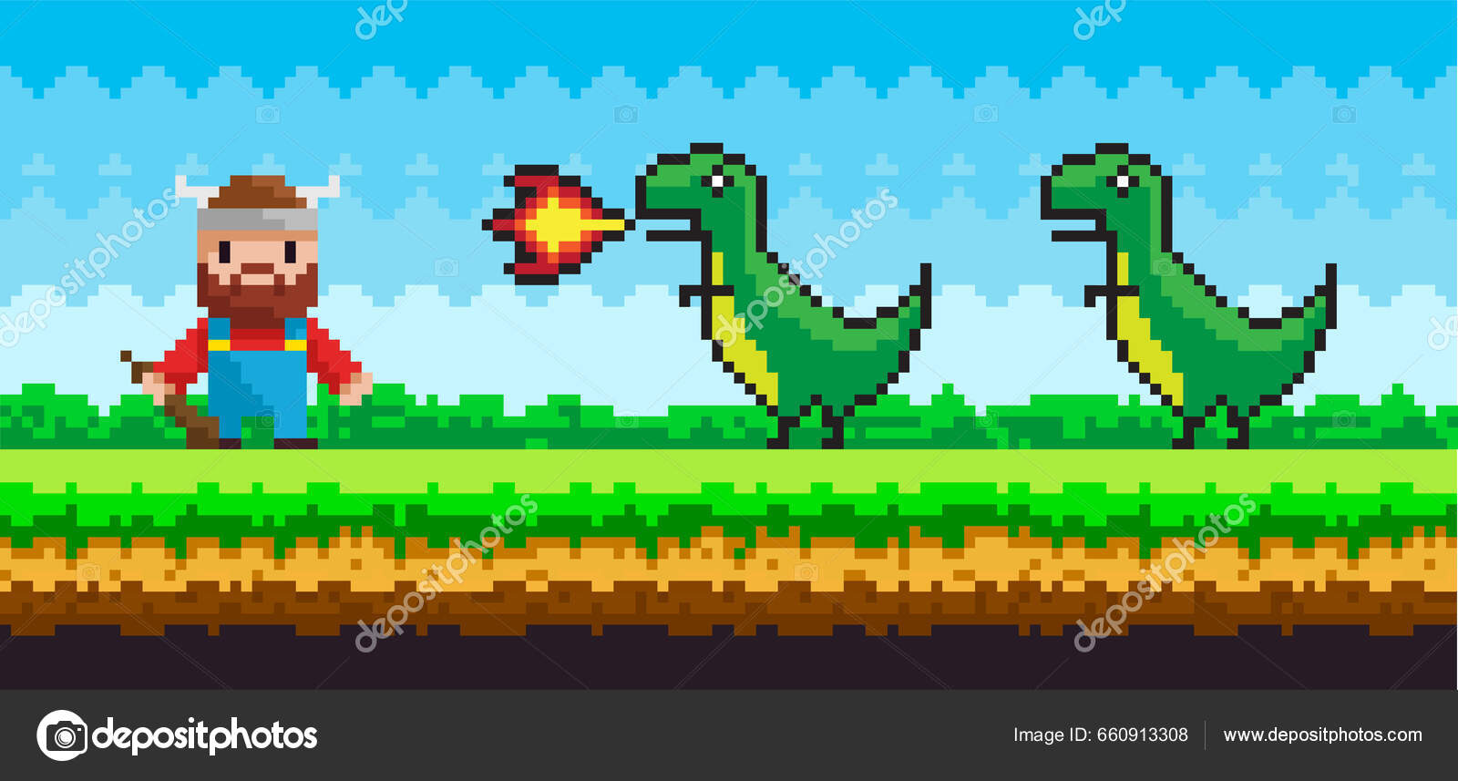 Pixelert Bakgrunn Med Viking Dinosaurer Naturlandskap Mann Som Kjemper Mot  stockvektor © robuart #660913308, image size:1600x857