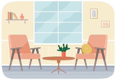 İç tasarım için modern oda. Mobilya ve dekorasyon aksesuarlarıyla dolu rahat bir oda. Düz dizayn iç tasarım. Dairedeki mobilyaların planlanması ve düzenlenmesi. Oturma odası. Ev hayatı. Biçim evi