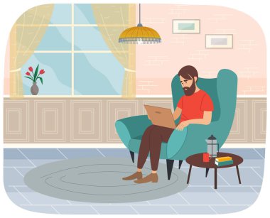 Genç sakallı adam elinde elektronik aletlerle dizüstü bilgisayarla koltukta oturuyor. Erkek karakter uzaktan çalışıyor, sosyal medyayı izliyor, internete servis yapıyor. Ödev yapan kişi