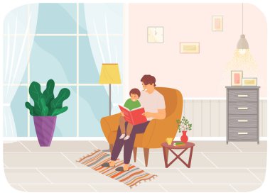 Baba küçük oğluna masal okuyor. Evde boş vakitlerinde iyi eğlenceler. Mutlu aile, baba çocuğa bakar. Babamın kucağında oturan gülümseyen çocuk, elinde kitap tutan adam. Komik bir masal.