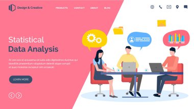 Veri analizi, iş istatistikleri, yönetim ve pazarlama departmanının uzman ekip iniş sayfası şablonu. Şirket performans analizi ve analist grubu için mali yönetim danışmanlığı