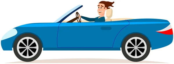Joyeux Jeune Homme Conduisant Une Voiture Bleue Caractère Masculin Dans — Image vectorielle