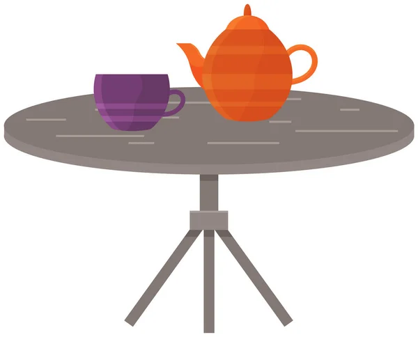 Маленький Стол Чайной Посудой Чайник Чашка Кофе Разноцветный Сервис Уютное — стоковый вектор