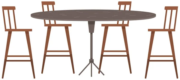 圆桌和四张咖啡厅 餐馆露台或室内椅子 房间的卡通家具或装饰 厨房或餐厅家具元素 木制餐桌 有椅子 — 图库矢量图片