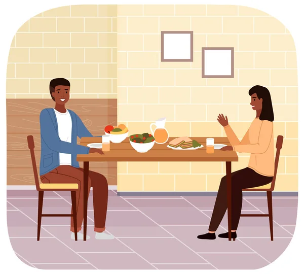 Άνθρωποι Υγιεινό Γεύμα Ζευγάρι Ημερομηνία Στο Εστιατόριο Θέμα Τρώει Φυσικό — Διανυσματικό Αρχείο