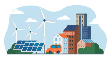 Güneş panelleri enerji yüklüyor. Enerji santrali, güneş pili ve panel ile yenilenebilir alternatif ekolojik teknoloji. Elektrik şebekesi için güneş panelleri hücreleri. Çevre dostu güç endüstrisi, sürdürülebilir