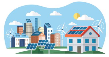 Solar panels and wind turbines or alternative sources of energy. Eco friendly, sustainable renewable and alternative energy. Smart grid virtual battery energy storage network with house office factory clipart