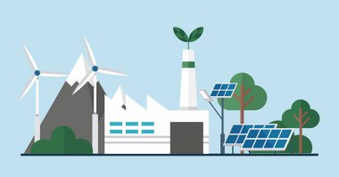 Modern alternatif enerji. Ekolojik enerji seti. Yeşil dünya. Alternatif elektrik kaynağı ve sürdürülebilir kaynaklar. Yel değirmenleri ve güneş paneli olan ev. Güneş panelleri şehir enerjisini şarj ediyor