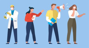 Bilim adamları ayarlandı. Bilim laboratuarı çalışanı, kimyasal araştırmacılar ve bilim adamı profesör karakteri. Laboratuvar yaratıcı bilim adamı işi, tıp çalışanları koruyucu maskeli kadın ve erkek karakterler