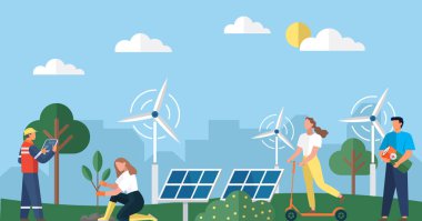 Modern alternatif enerji. Ekolojik enerji. Yeşil dünya. Alternatif elektrik kaynağı ve sürdürülebilir kaynaklar. Yel değirmenleri ve güneş paneli olan ev. Çizgi film karakterleri sağlıklı bir hayat sürüyor.