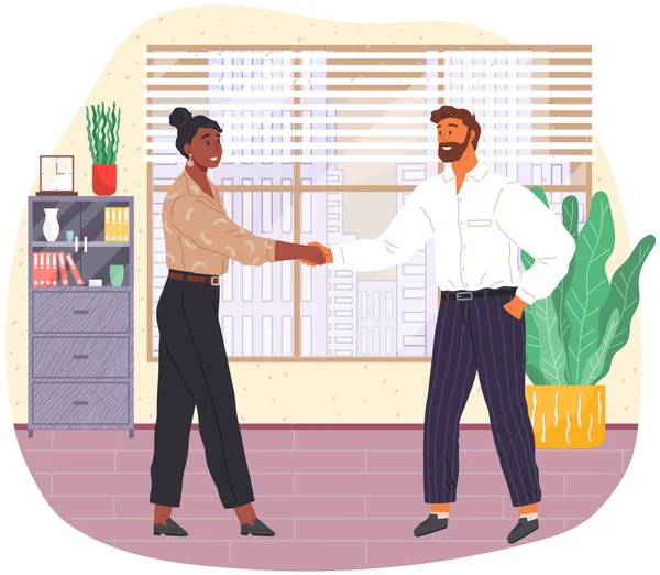 stock vector Dating in office, acquaintance. Business partnership cooperation beginning. Man and woman shaking hands after signing contract agreement. Working meeting, communication, dialogue. Handshake gesture