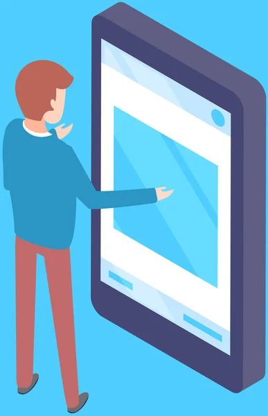 Homme Tient Utilise Smartphone Navigation Bavardage Textos Regarder Des Vidéos — Image vectorielle