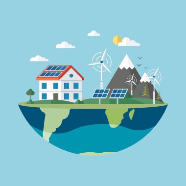 Güneş pili panelleri. Güneş pili, güneş paneli. Parlayan düşük polimerli yenilenebilir alternatif enerji konsepti. Yel değirmeni ve güneş paneli. Rüzgar ve Li-ion elektriği. Yenilenebilir alternatif enerji