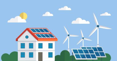 Elektrik enerji teknolojisi şebeke dışı, OTG çevirici, şarj kontrolörü, pil, metre, güneş panelleri ve rüzgar türbinleri. Güneş pili sistemi. Poli kristalize kare hücrelerden güneş paneli toplayıcısı