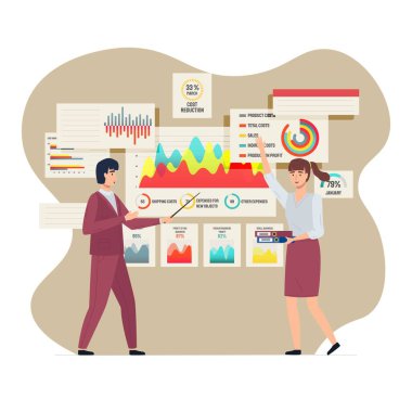 Diyagramla çalışan analistler. İnsanlar istatistik, iş planlaması, strateji ve geliştirmeyle çalışır. Veri analiz grafikleri ve grafikleriyle sunum kurulu. Teknolojiyi kullanarak istatistiksel analiz