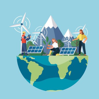 Modern alternatif enerji. Ekolojik enerji. Yeşil dünya. Alternatif elektrik kaynağı ve sürdürülebilir kaynaklar. Yel değirmenleri ve güneş paneli olan ev. Çizgi film karakterleri sağlıklı bir hayat sürüyor.