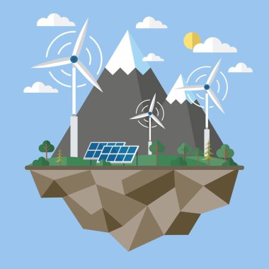 Güneş pili panelleri. Güneş pili, güneş paneli. Parlayan düşük polimerli yenilenebilir alternatif enerji konsepti. Yel değirmeni ve güneş paneli. Rüzgar ve Li-ion elektriği. Yenilenebilir alternatif enerji