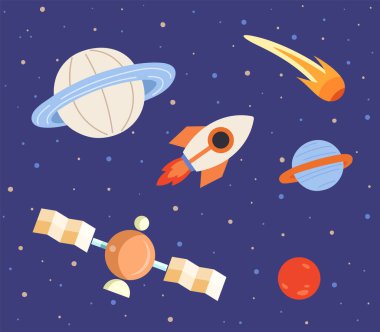 Rocket and planets on blue background. Spaceship flying among celestial objects and stars. Cute astronomical shapes, cosmic design elements. Sky landscape with flying rocket and heavenly bodies