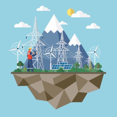 Solar Hücre Hizmeti yükleniyor. Yeşil yenilenebilir enerji, ekoloji yeşil güç. Eko güneş paneli yenilenebilir elektrik sistemleri. Yel değirmeni ve güneş paneli. Güneş paneli fabrikası, rüzgar ve li-ion elektriği