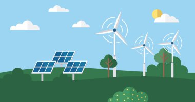 Modern alternatif enerji. Ekolojik enerji seti. Yeşil dünya. Alternatif elektrik kaynağı ve sürdürülebilir kaynaklar. Yel değirmenleri ve güneş paneli olan ev. Güneş panelleri şehir enerjisini şarj ediyor