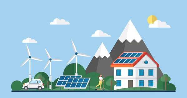 太阳能电池服务站安装 绿色能源 可再生能源 生态和绿色电力 屋顶可再生能源电力系统现代生态太阳能电池板 风车和太阳能电池板生态城市 — 图库矢量图片