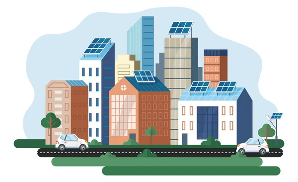 Central Energía Solar Eléctrica Renovable Moderna Gran Ciudad Alternativa Eco — Vector de stock