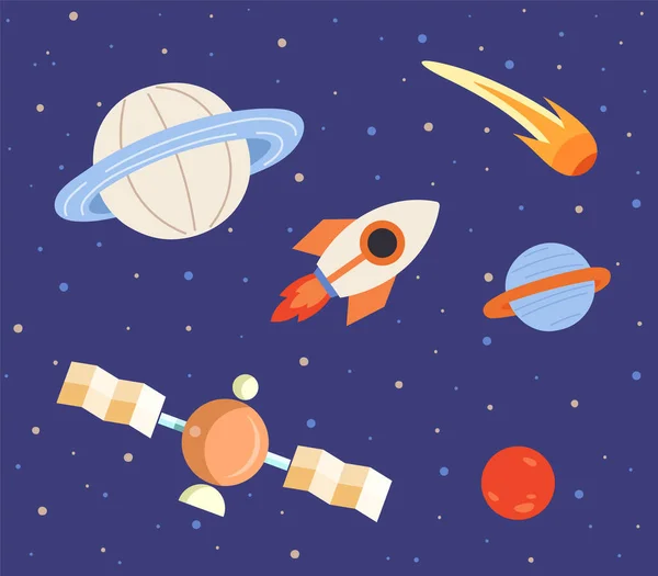 Rocket Planets Blue Background Spaceship Flying Celestial Objects Stars Cute — Image vectorielle